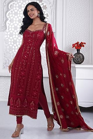 maroon cotton chikan sequins & pearl embellished kurta set