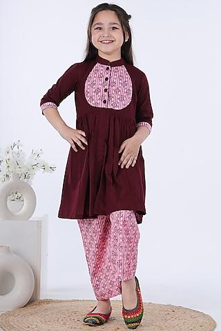 maroon cotton printed kurta set for girls