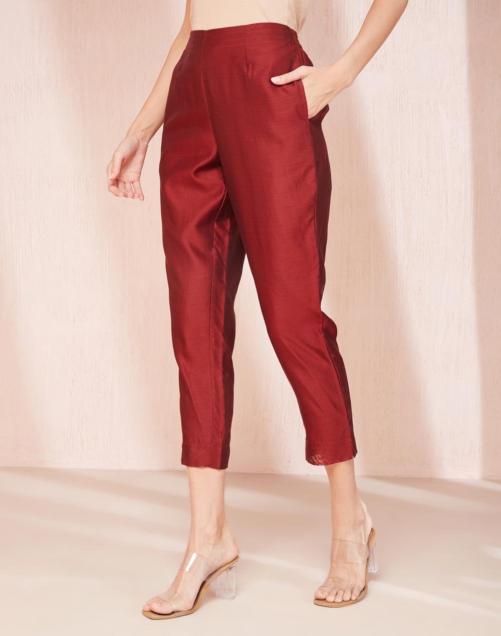 maroon cotton silk full length casual ethnic pant