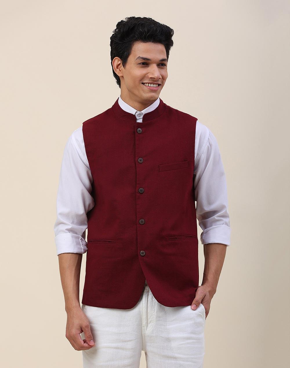 maroon cotton slim fit vest jacket