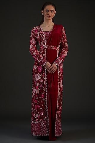 maroon crepe & organza pre-draped jacket saree set