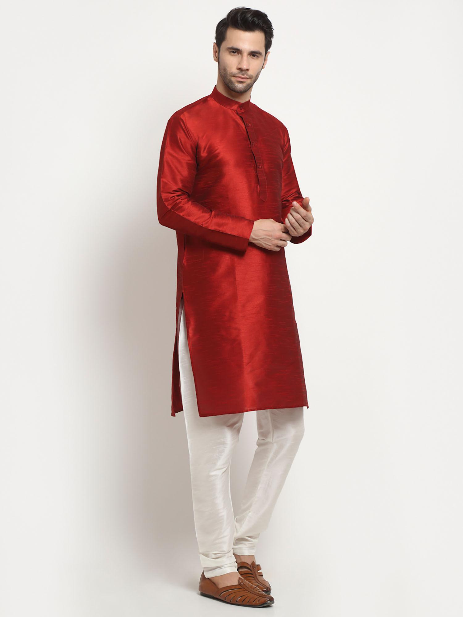 maroon dupion silk solid long kurta pajama set for men