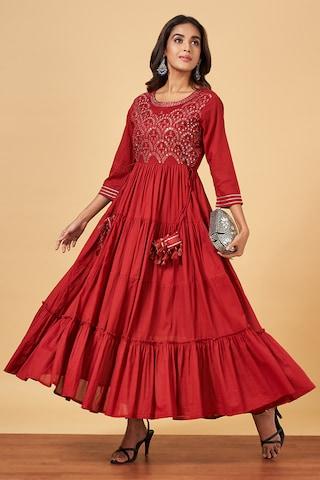 maroon embellished ankle-length  ethnic women regular fit  dress