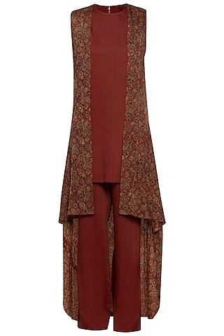 maroon embroidered cape with top and pants