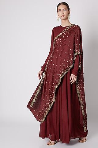 maroon embroidered gown with draped dupatta