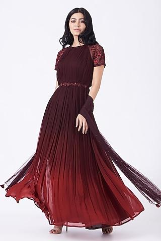 maroon embroidered gown with dupatta