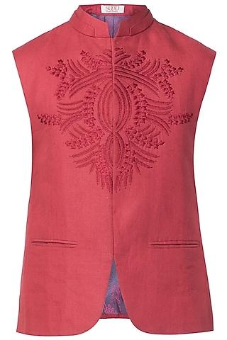 maroon embroidered nehru jacket