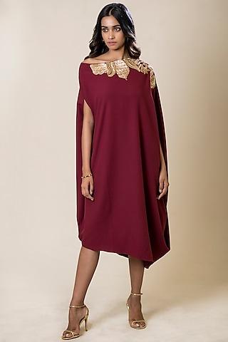 maroon embroidered off-shoulder tunic