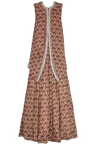 maroon embroidered printed cape with skirt