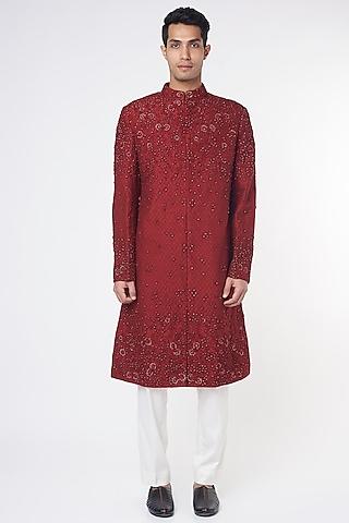 maroon embroidered sherwani
