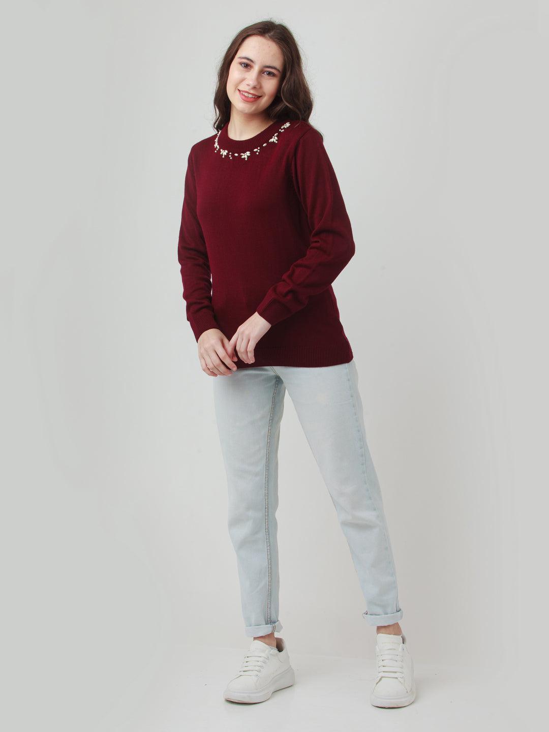 maroon embroidered straight sweater for women