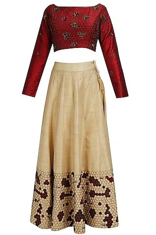 maroon floral embroidered blouse and beige hexagon lehenga set