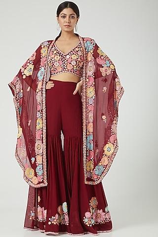 maroon floral embroidered cape set