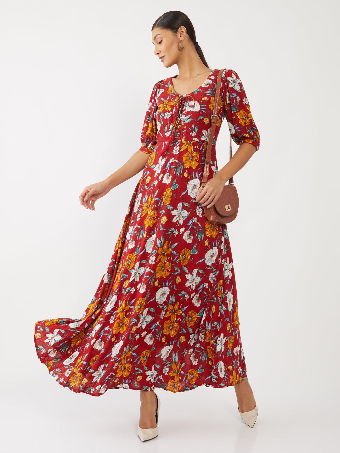 maroon floral print maxi for women