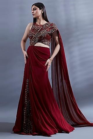 maroon georgette embellished draped saree set