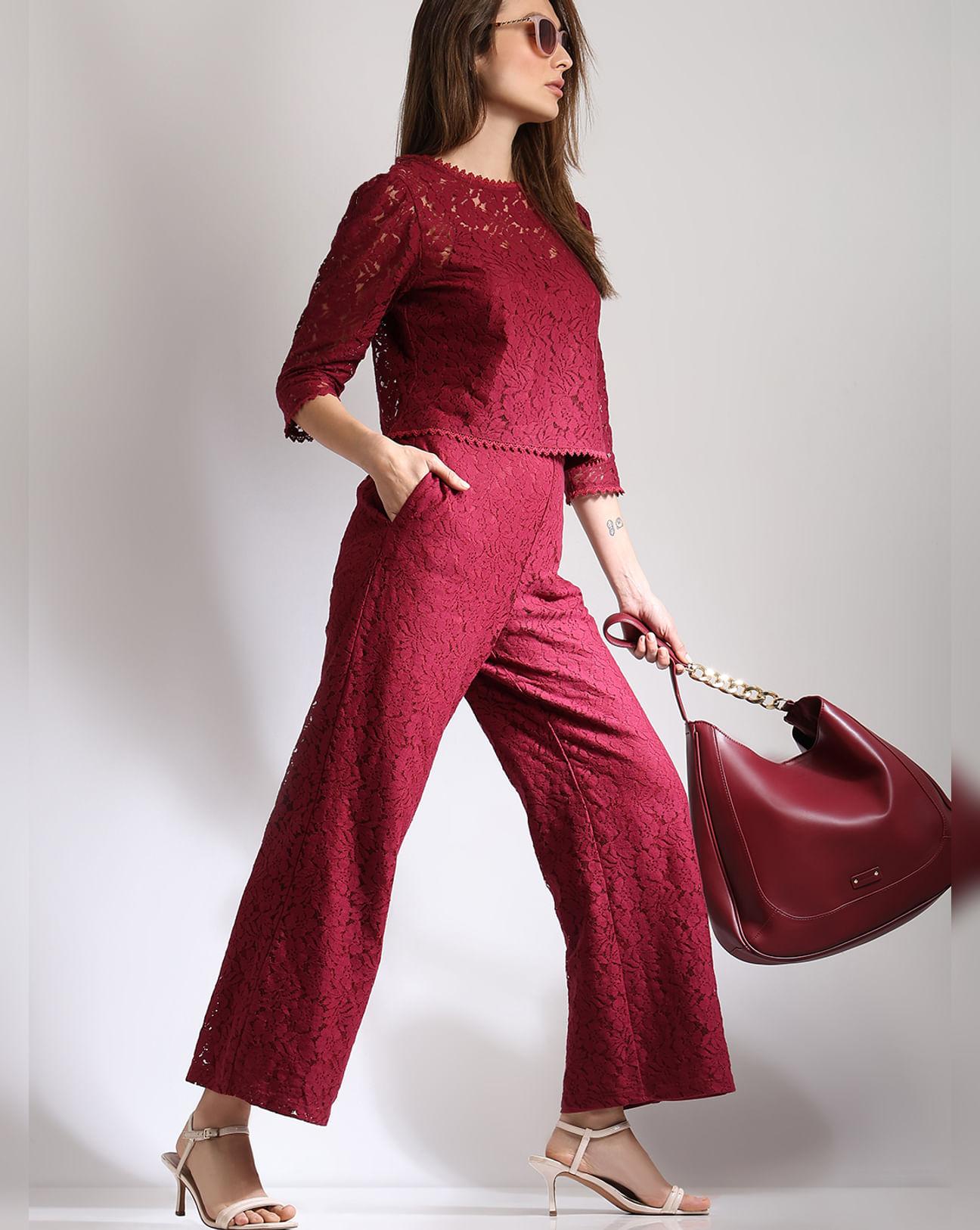 maroon high rise lace co-ord set pants