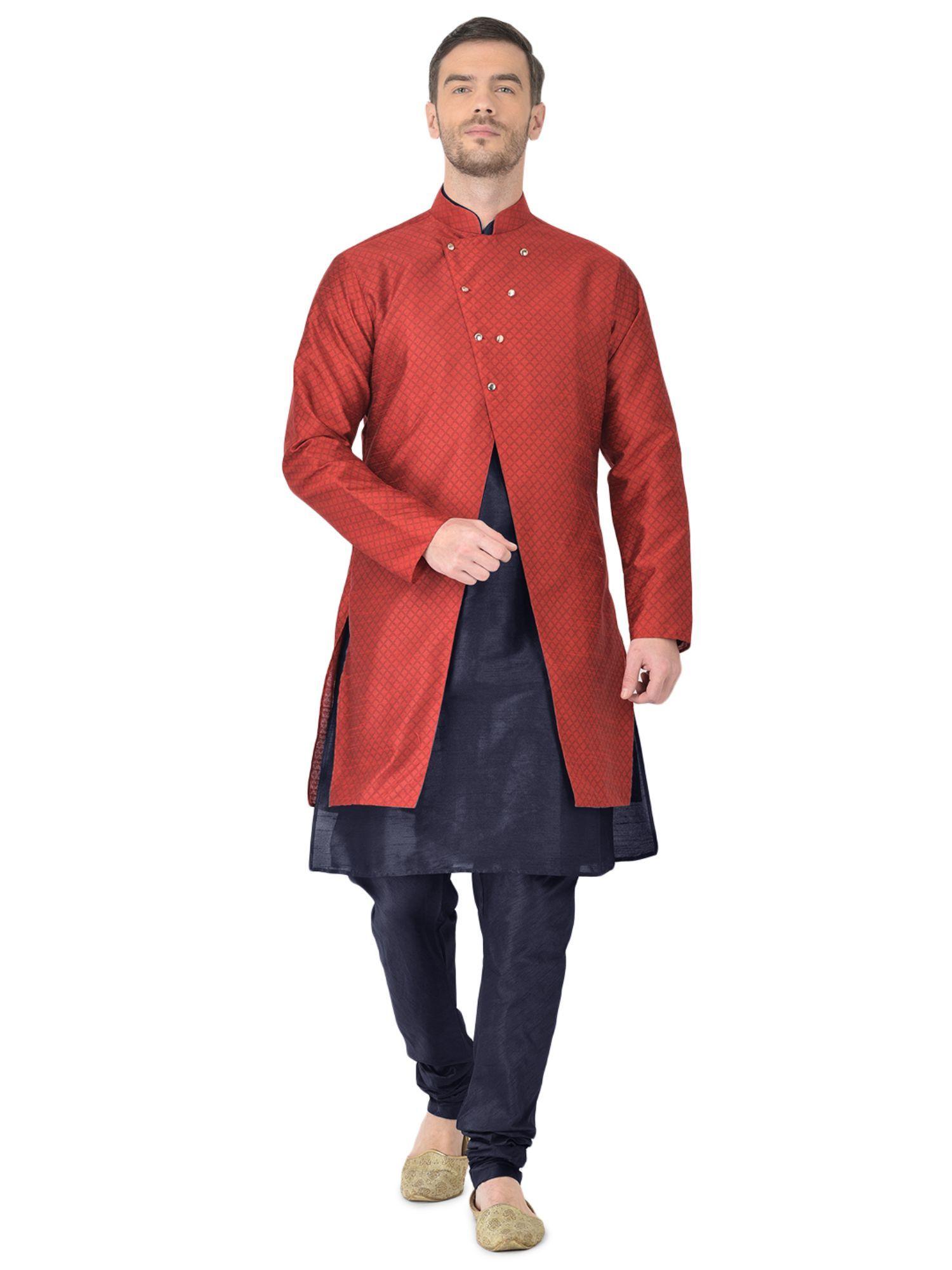 maroon kurta set with jacket for men (set of 3)