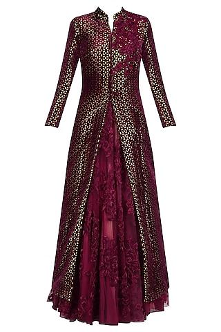 maroon lasercut applique work gown and jacket set