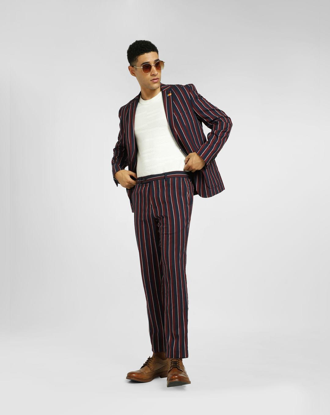 maroon mid rise striped trousers