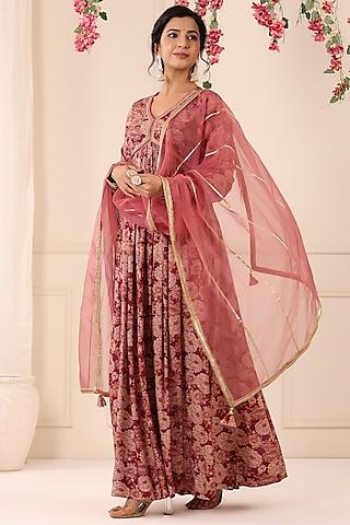 maroon muslin floral printed gown with dupatta