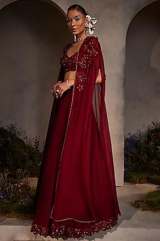 maroon organza hand embroidered cape set