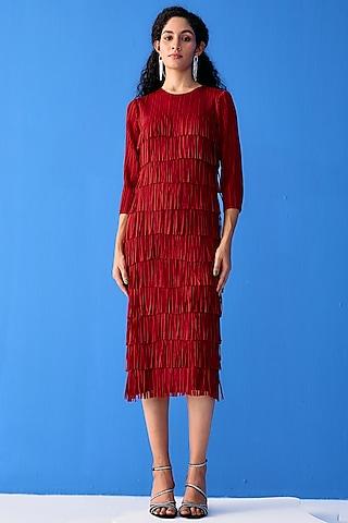 maroon pleated polyester dress