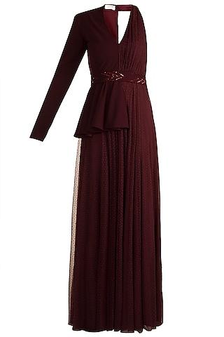 maroon polka dot blazer gown with embellished belt