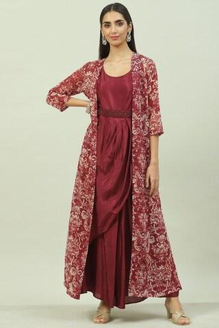 maroon print round neck casual ankle-length full sleeves women straight fit dress set