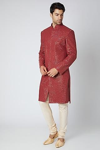 maroon printed & embroidered lucknowi sherwani