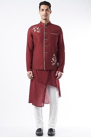 maroon raw silk embroidered bundi jacket
