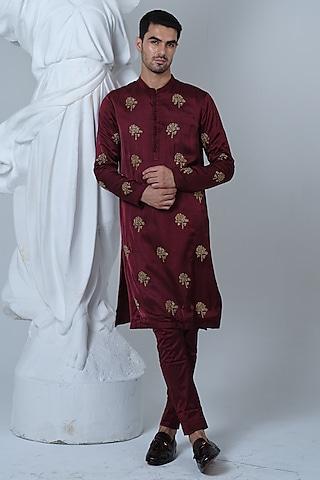 maroon satin satin hand embroidered kurta set