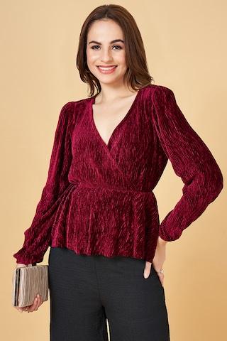 maroon self design casual full sleeves v neck women flared fit  top