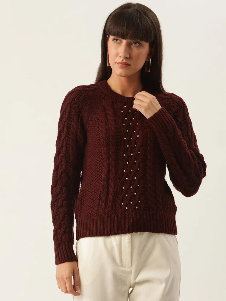 maroon self-design round neck sweater