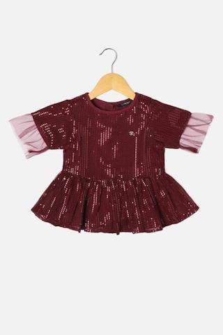 maroon sequin detail casual short sleeves round neck girls regular fit top