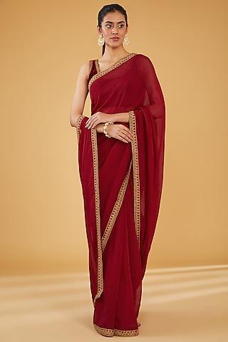 maroon silk blend & viscose zari embroidered saree set