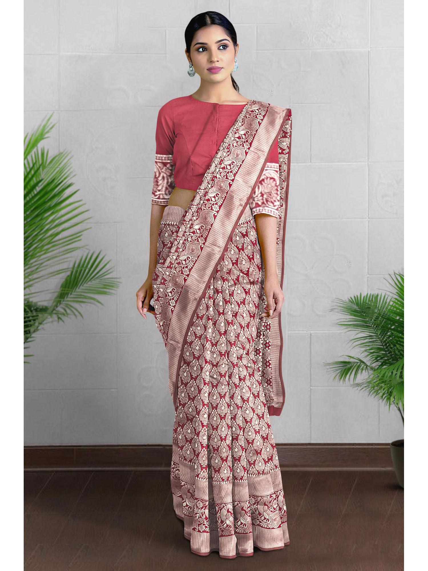 maroon silk blend ethnic motifs saree with blouse piece with unstitched