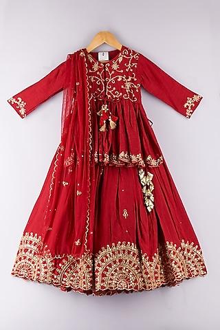 maroon silk embroidered lehenga set for girls