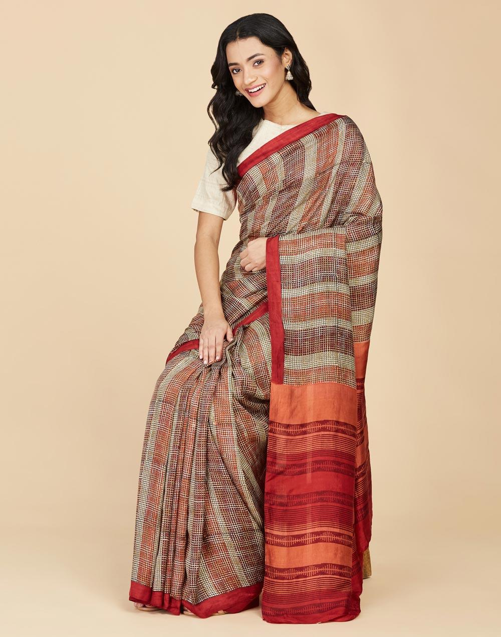 maroon silk hand block printed  sari
