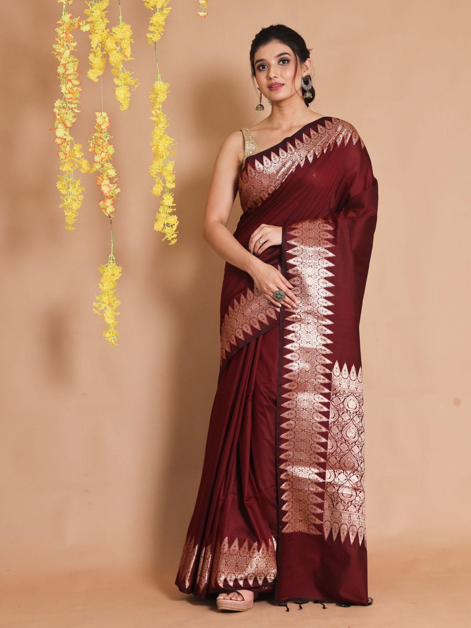 maroon silk handwoven zari designs & patterns saree with unstitched blouse