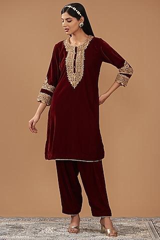 maroon silk velvet hand embroidered straight kurta set for girls