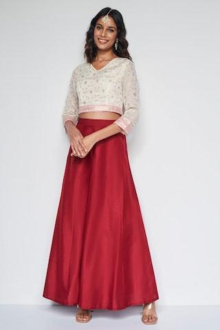 maroon solid full length ethnic women flared fit palazzo