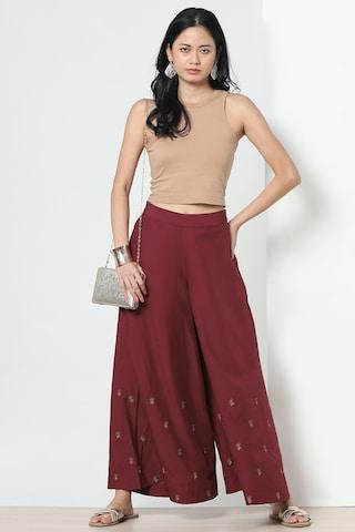 maroon solid full length formal women flared fit palazzo