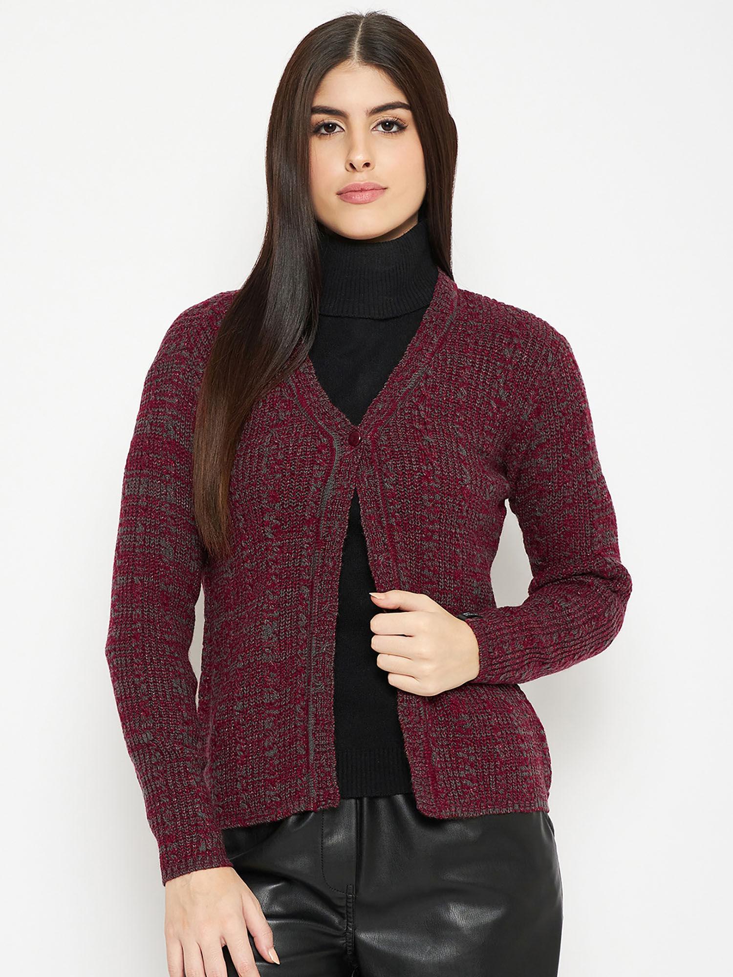 maroon solid knitted cardigan
