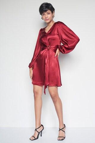 maroon solid thigh-length party women flared fit dress