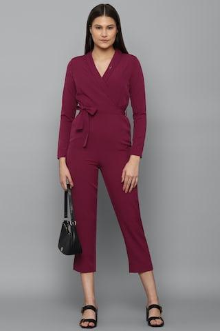 maroon solid v neck formal calf-length women regular fit jumpsuit