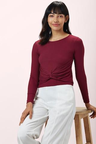 maroon textured casual full sleeves round neck women slim fit top