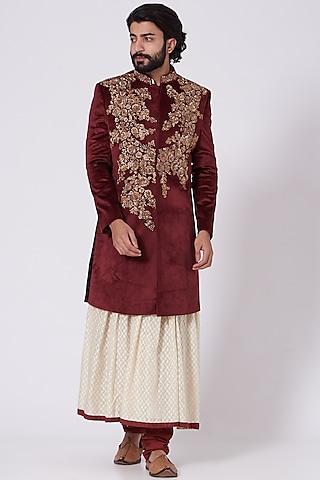 maroon velvet embroidered sherwani