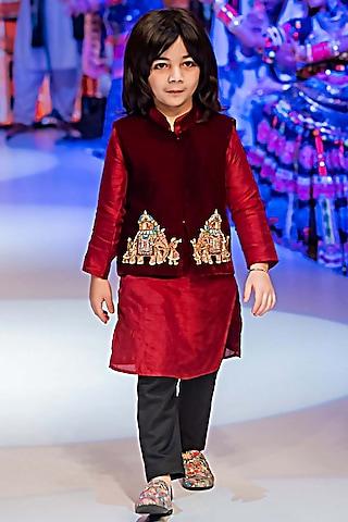 maroon velvet embroidered waistcoat with kurta set for boys