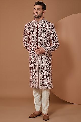 maroon velvet thread embroidered jamawar sherwani