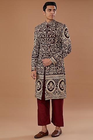 maroon velvet zardosi embroidered sherwani